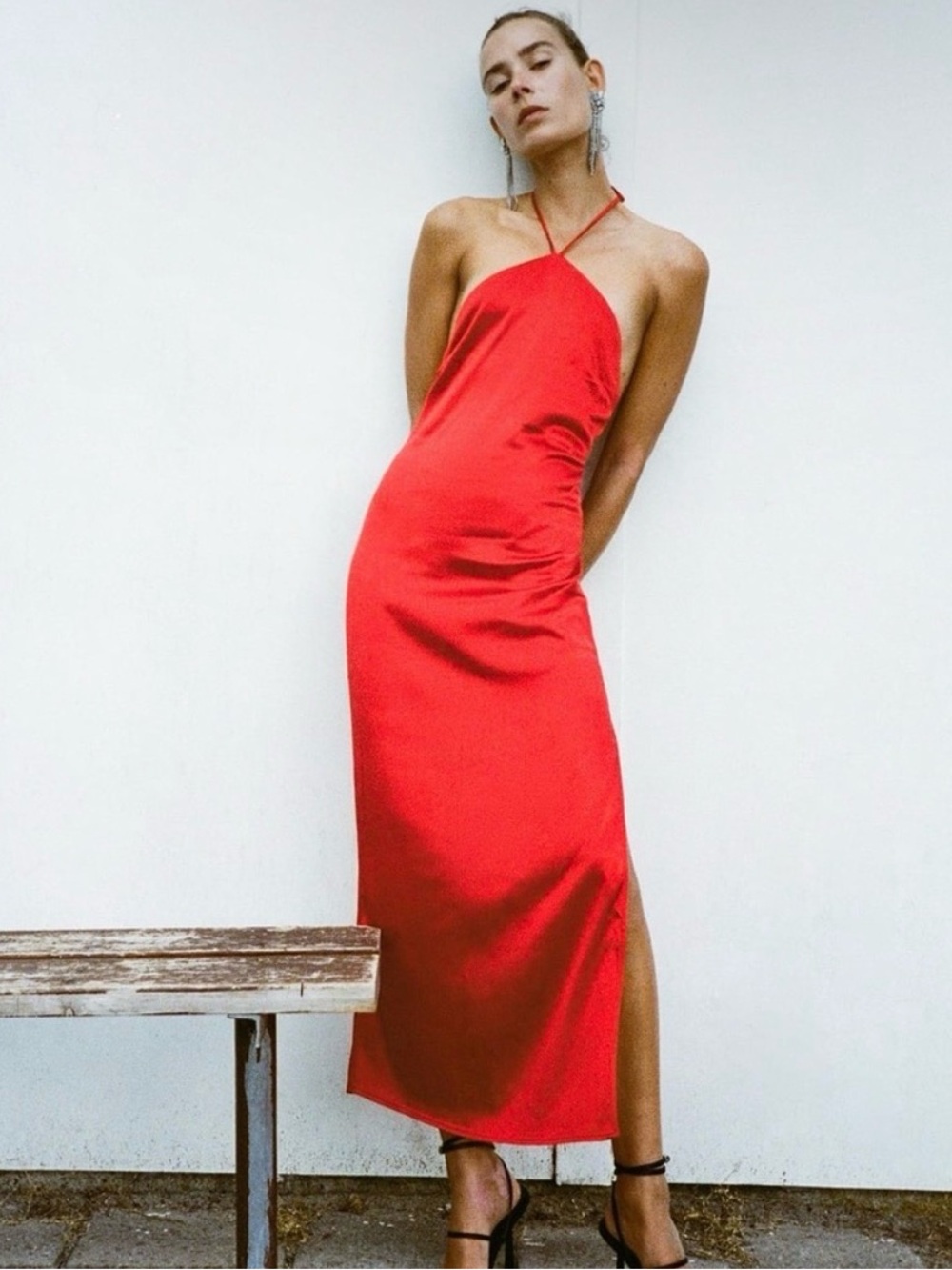 Zara Red Satin Halter Midi Dress Backless Side Slit Size